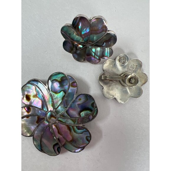 VTG Alpaca Mexico 925 Silver Abalone Floral Clip Earring & Brooch or Pendant Set - Picture 2 of 13